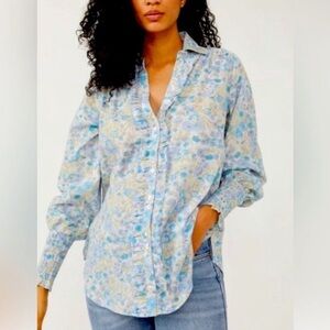 Free People Women L Button Shirt $138 Long Smocked Sleeves Wild Gardenia Ruffle